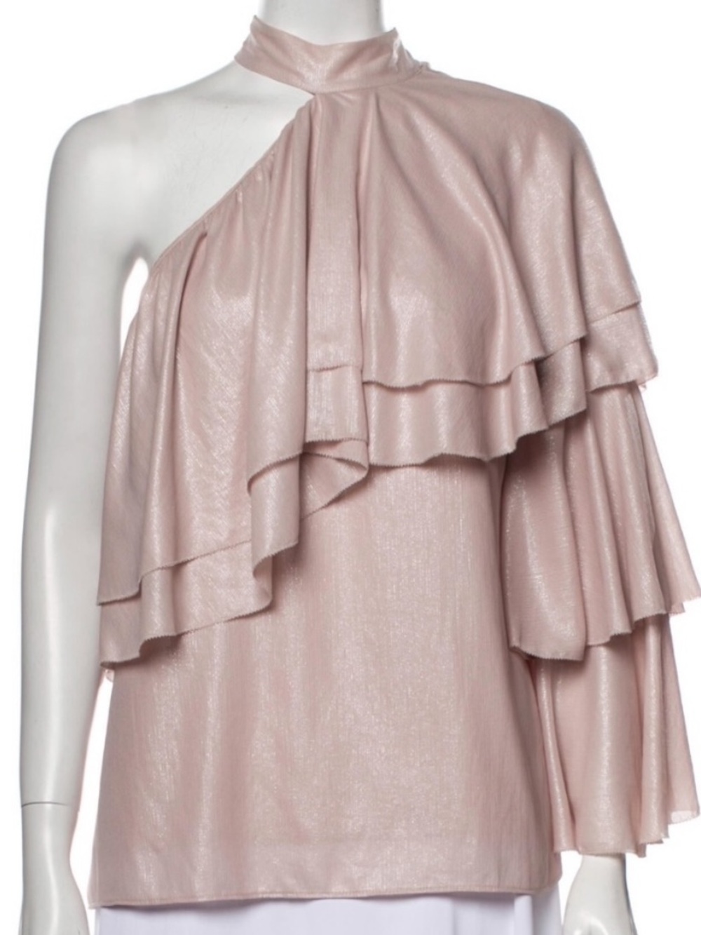 Parker One-Shoulder Shimmer Ruffle Top in Metallic Pink Size S